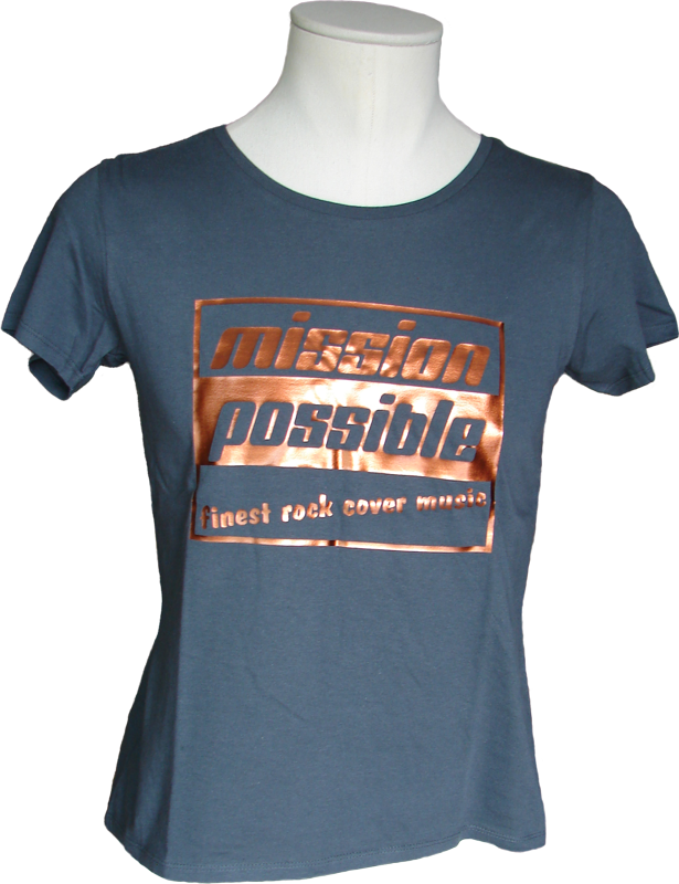 Damen T-Shirt in dunkelgrau mit Rundhals und glänzendem Kupferprint