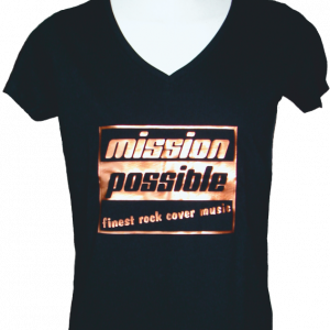 Damen T-Shirt in Schwarz mit V-Ausschnitt und glänzendem Kupfer-Print