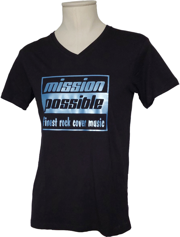 Herren T-Shirt in Schwarz mit V-Ausschnitt und metallic Columbia-blauem Print