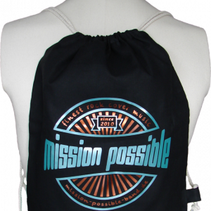 Turnbeutel „Since 2010“ Baumwolle Schwarz mit Aufdruck in Teal und Kupfer