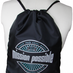 Turnbeutel Polyester „since 2010“ Schwarz mit Aufdruck in grau und Teal