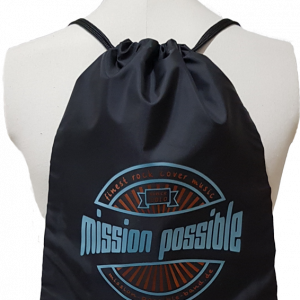 Turnbeutel Polyester „since 2010“ Schwarz mit Aufdruck in Teal und Kupfer